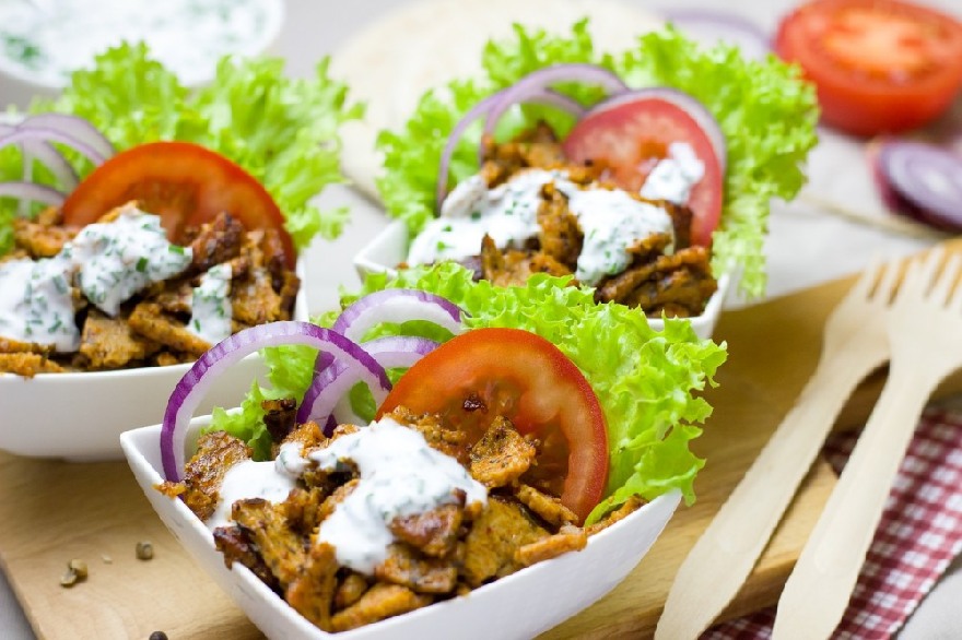 Doner kebab nicely arranged in bowls